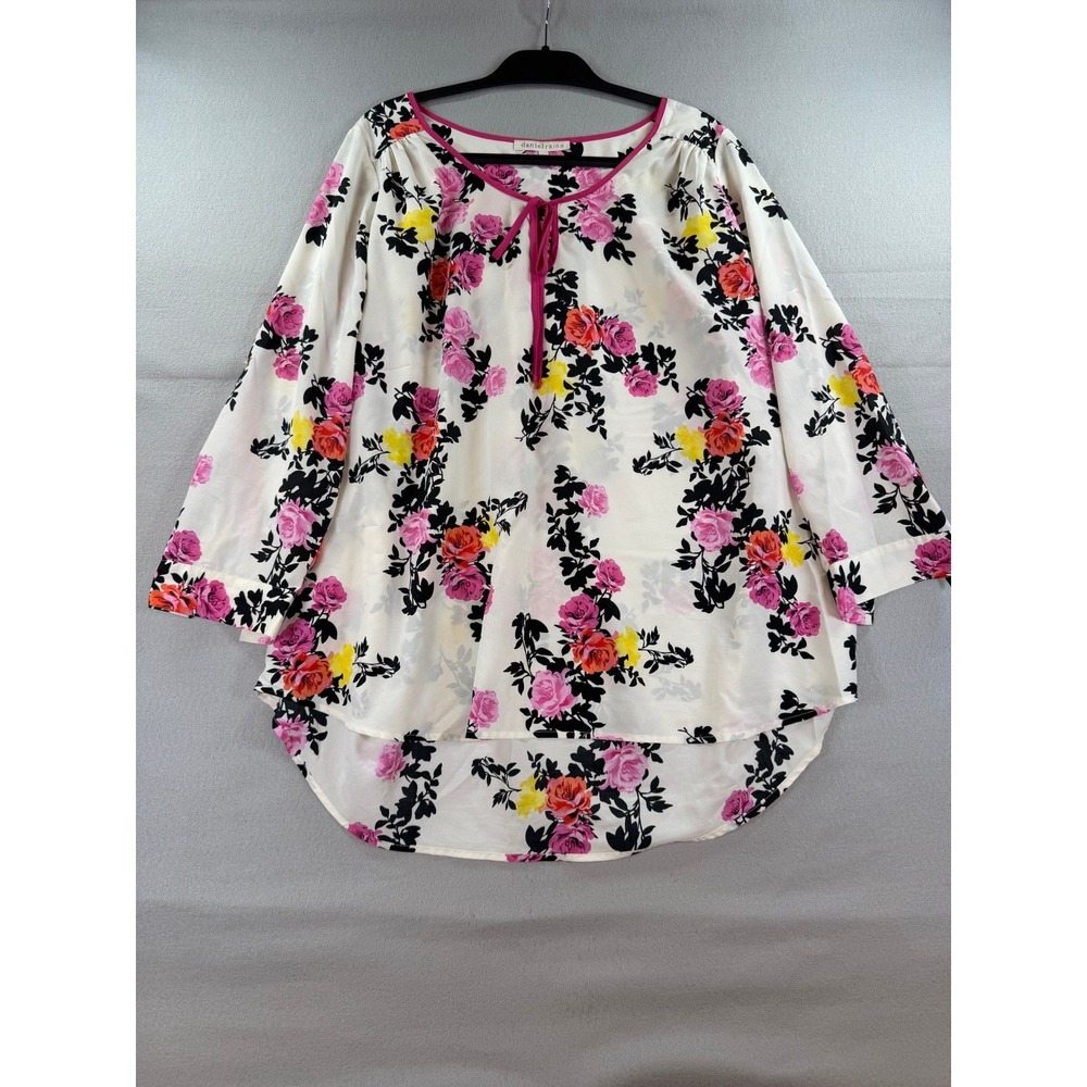 Daniel Rainn Floral Tie Neck Blouse Womens 1X White Pink Rose High Low Top
